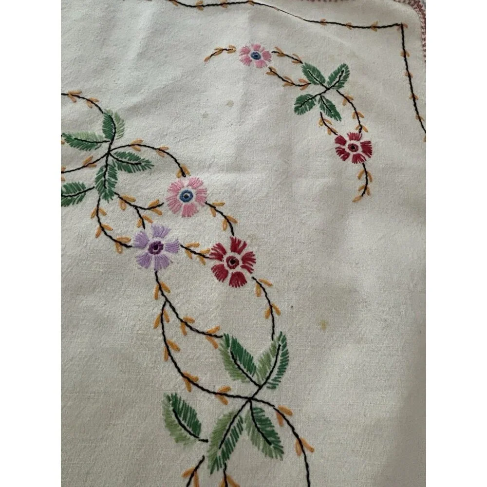 Vintage Hand Embroidery Cotton Table Cloth Floral 37x34” Square Ivory
